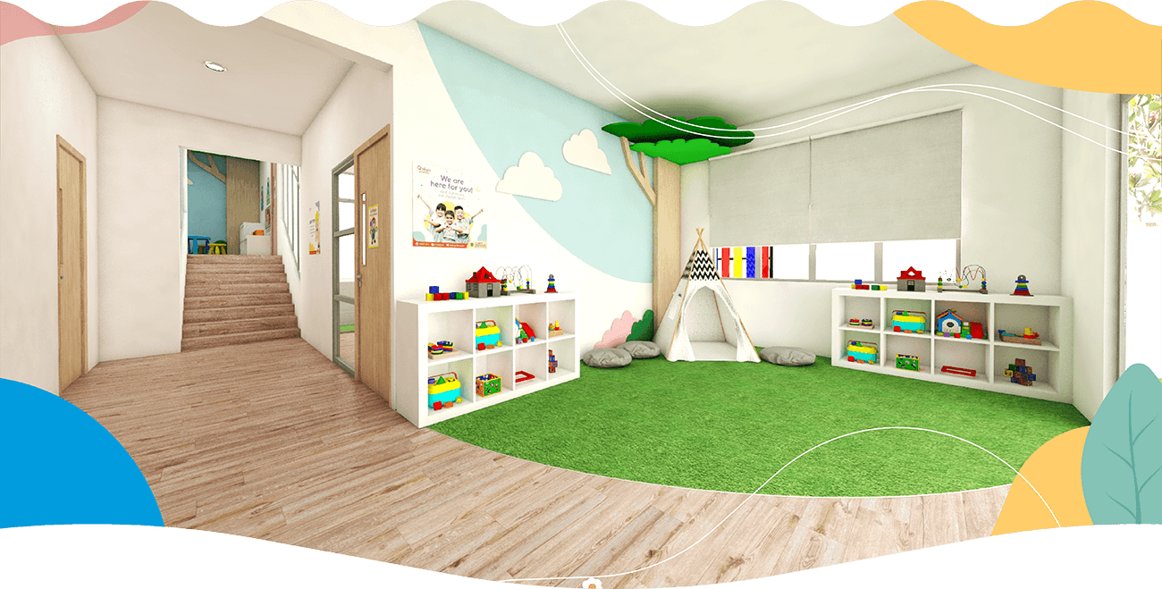 Digital rendering of a Q-dees indoor play area with artificial grass, a teepee tent, toy shelving, and a tree mural.
