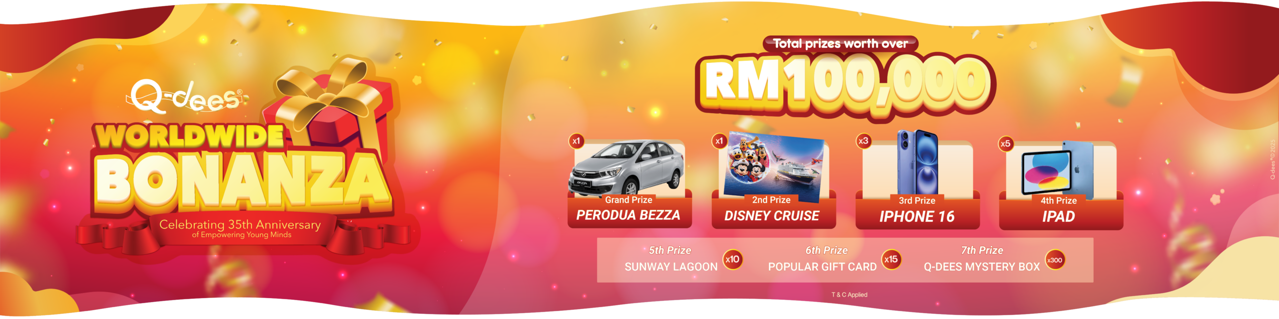 Q-dees Worldwide Bonanza banner with over RM100,000 in prizes, including a Perodua Bezza.